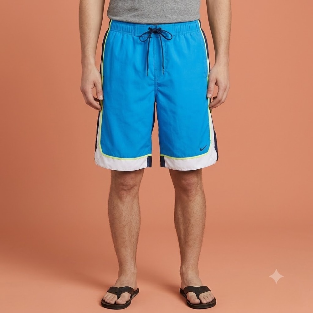 Nike Swim Trunks Mens M Blue Colorblock Drawstring Lined Athletic
